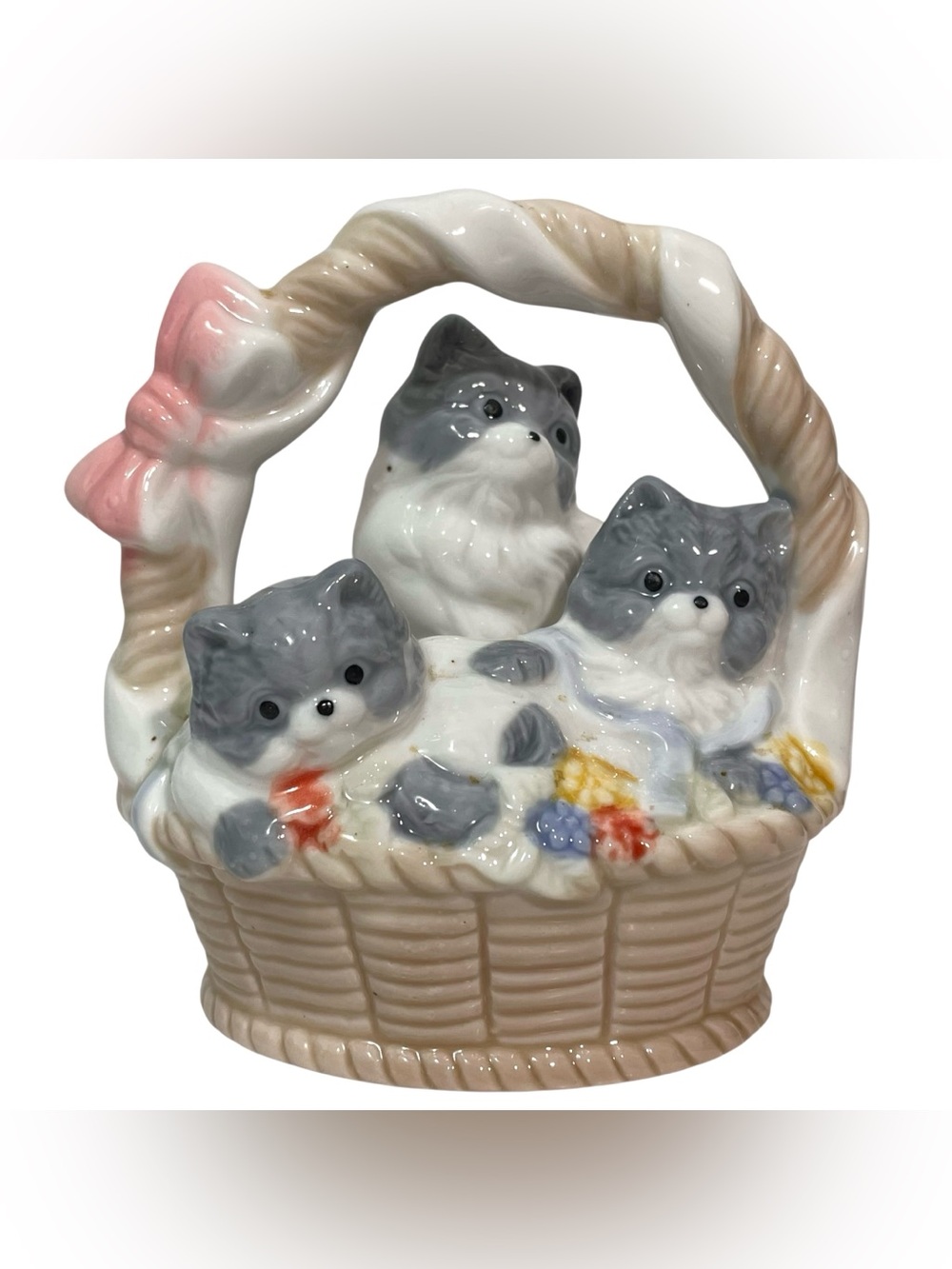 Vintage 1960s Porcelain Cats in a Basket Figurine Mother Cat with Kittens